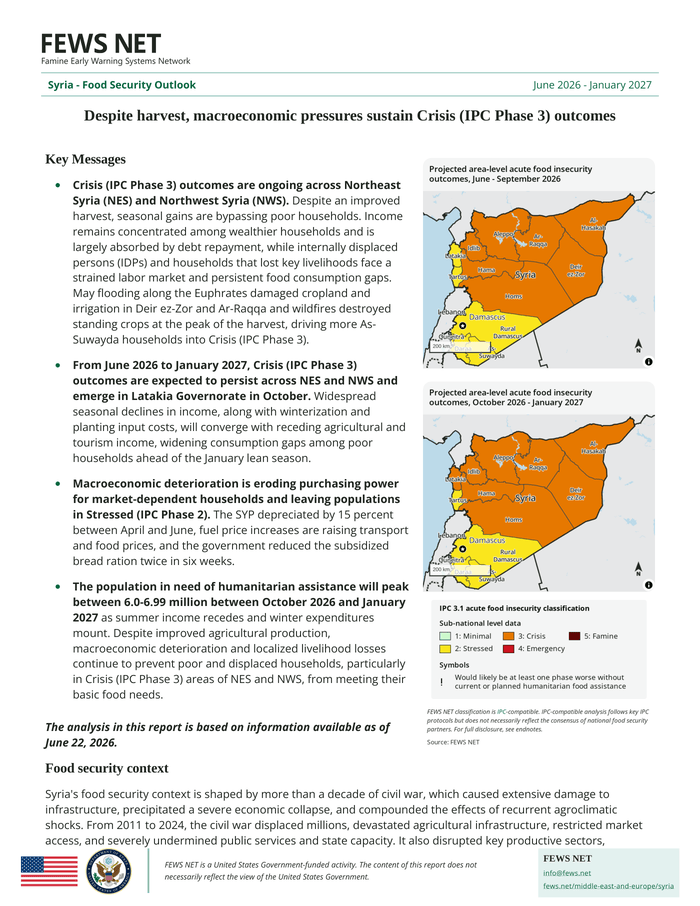 Syria Food Security Outlook: Despite harvest, macroeconomic pressures sustain Crisis (IPC Phase 3) outcomes (June 2026 – January 2027) – Syrian Arab Republic