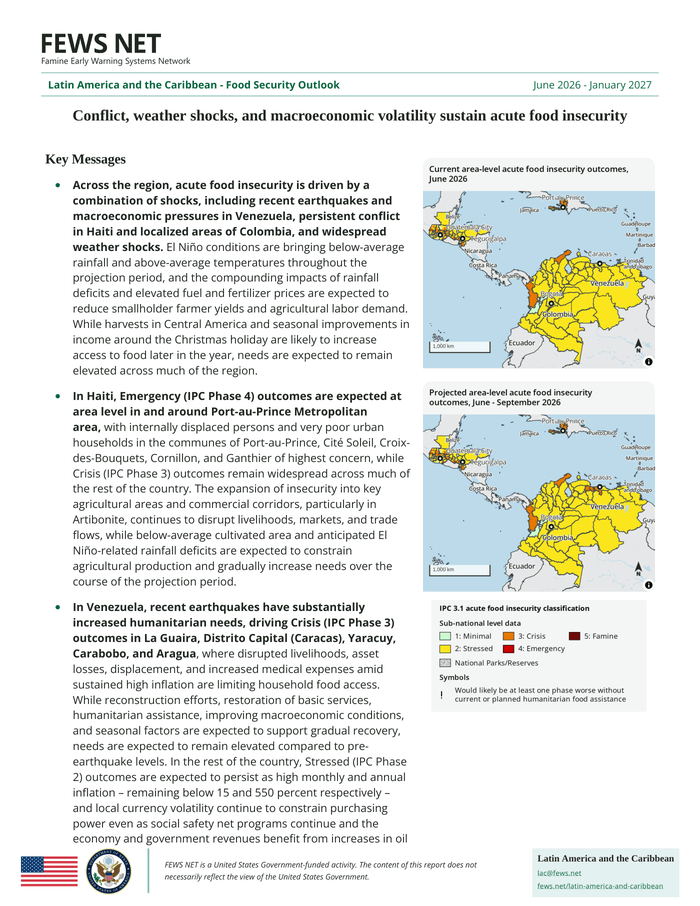 Latin America and the Caribbean – Food Security Outlook: Conflict, weather shocks, and macroeconomic volatility sustain acute food insecurity, June 2026 – January 2027 – Haiti
